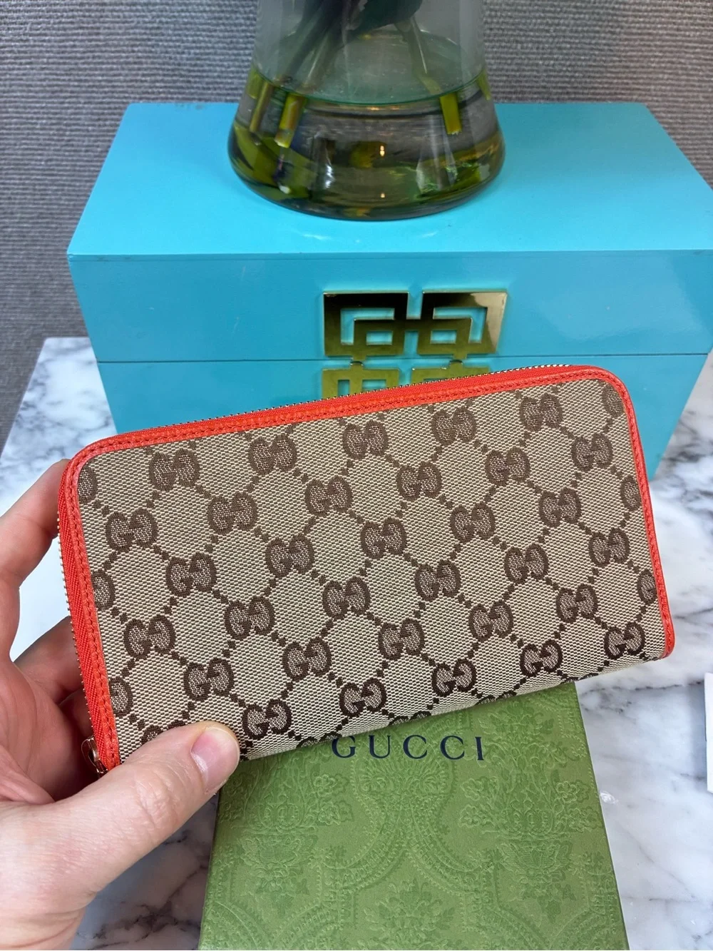 Gucci GG Beige Canvas & Orange Leather Zip-Around Wallet - NWOT Brand New w/ box - Picture 3 of 13
